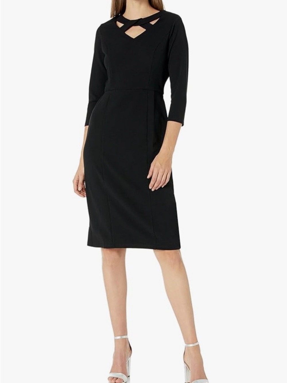 London Times Black Cutout Neck Sheath Midi Dress with Three-Quarter Sleeves